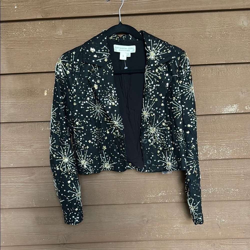 NWOT Saltwater LUXE Black and Silver Sequin Cropped Blazer size S